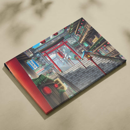 Red-bound canvas print featuring a vibrant stylized japanese street scene with red torii gates and lanterns for modern decor