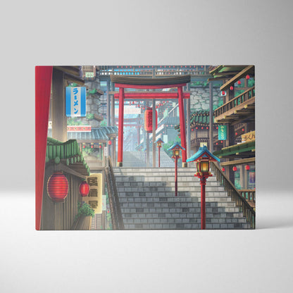 Rectangular canvas print featuring vibrant red torii gates and lanterns japanese anime street scene decor for gaming room or bedroom