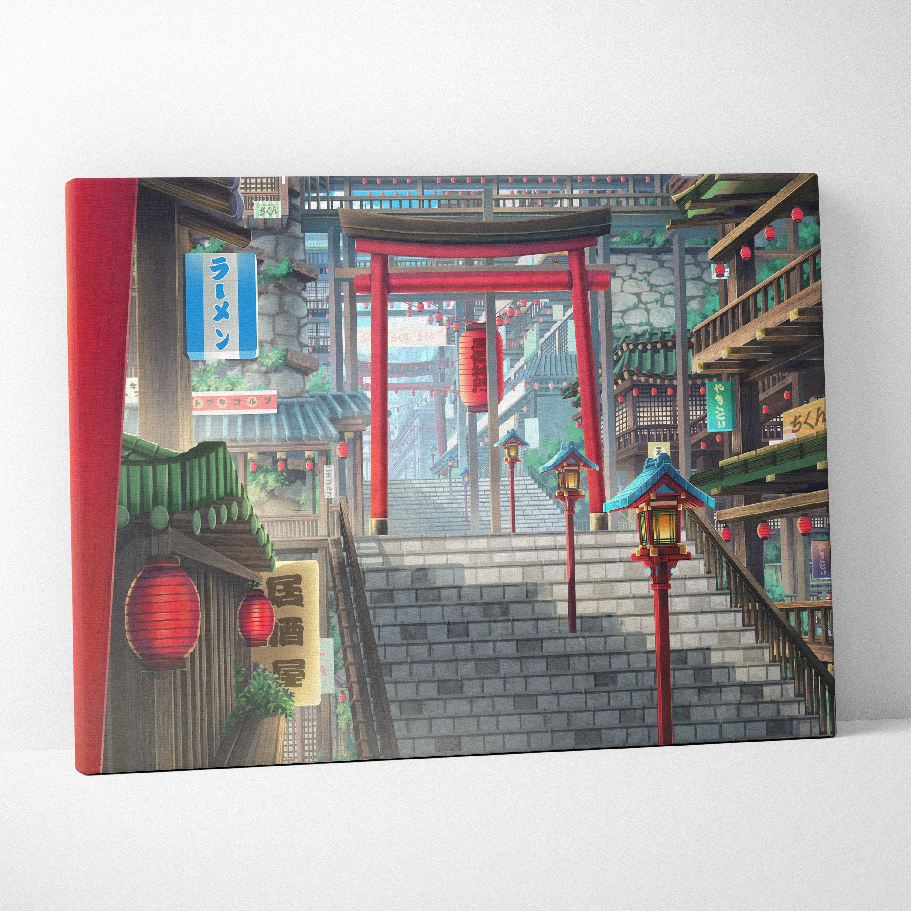 A vibrant red torii gate on a rectangular canvas print for Japanese anime street digital art decor