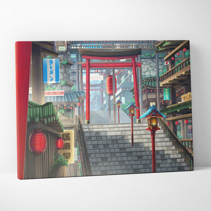 A vibrant red torii gate on a rectangular canvas print for Japanese anime street digital art decor
