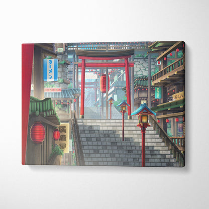 Japanese anime street canvas wall art print featuring red torii gates lanterns wooden buildings for modern interiors