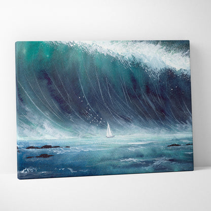 A canvas painting of a dramatic teal and deep blue ocean wave with a small white sailboat modern coastal decor