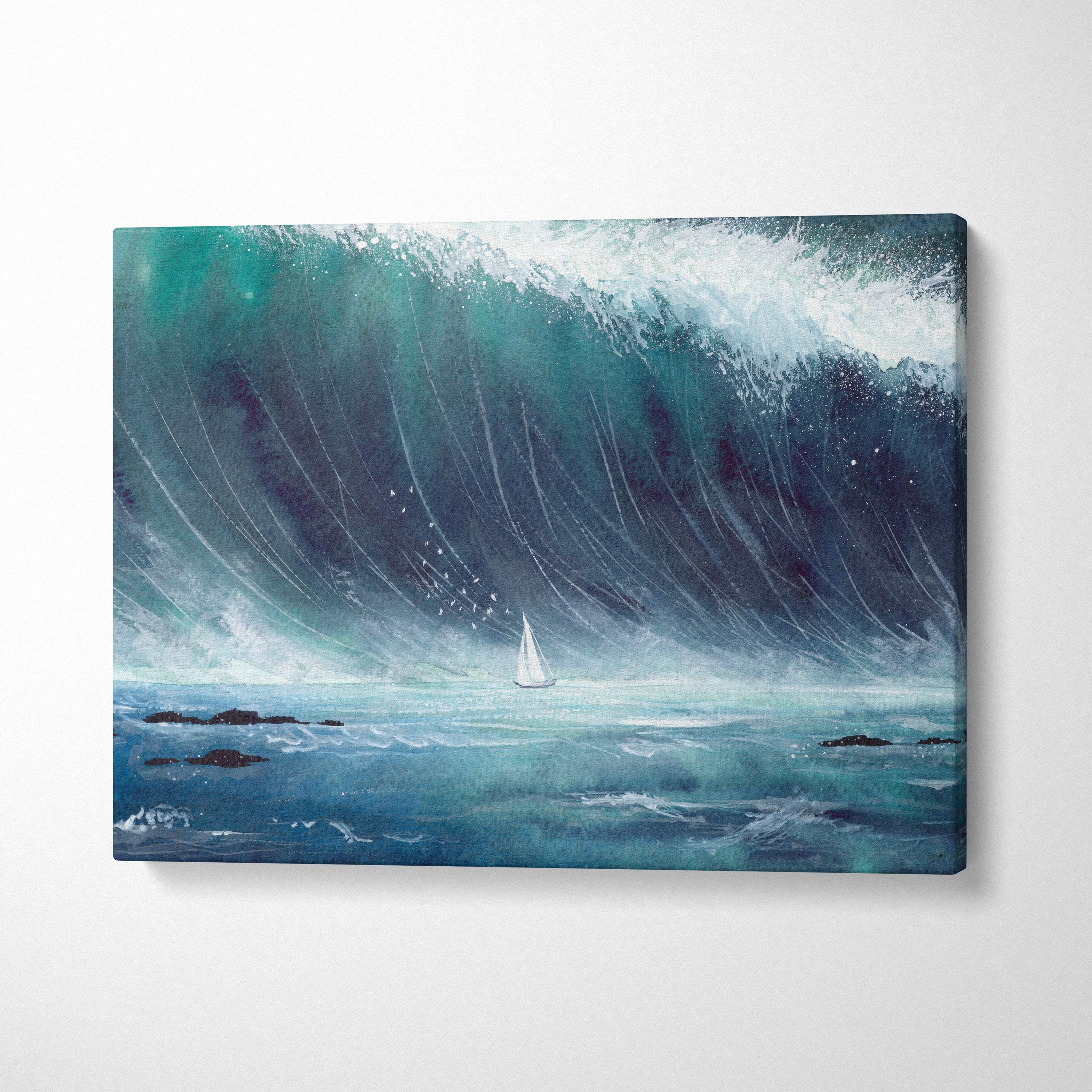 A canvas painting of a lone white sailboat on teal and deep blue ocean waves under an impending storm