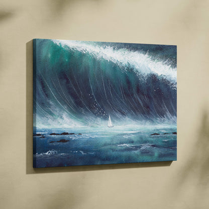 Abstract ocean wave canvas art showing a dramatic teal and white wave with a small sailboat in deep blue sea waters