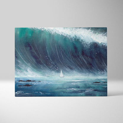 Rectangular canvas painting of a dramatic teal and deep blue ocean wave with a minimal white sailboat in modern watercolor style