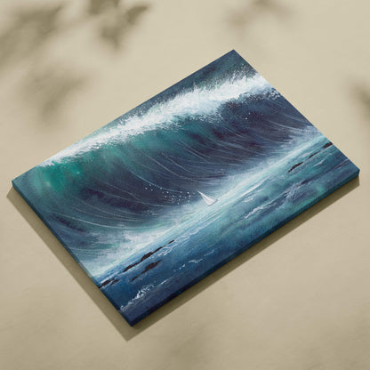 Abstract ocean wave canvas art showing a dynamic deep blue and teal wave with white foam and a small white sailboat