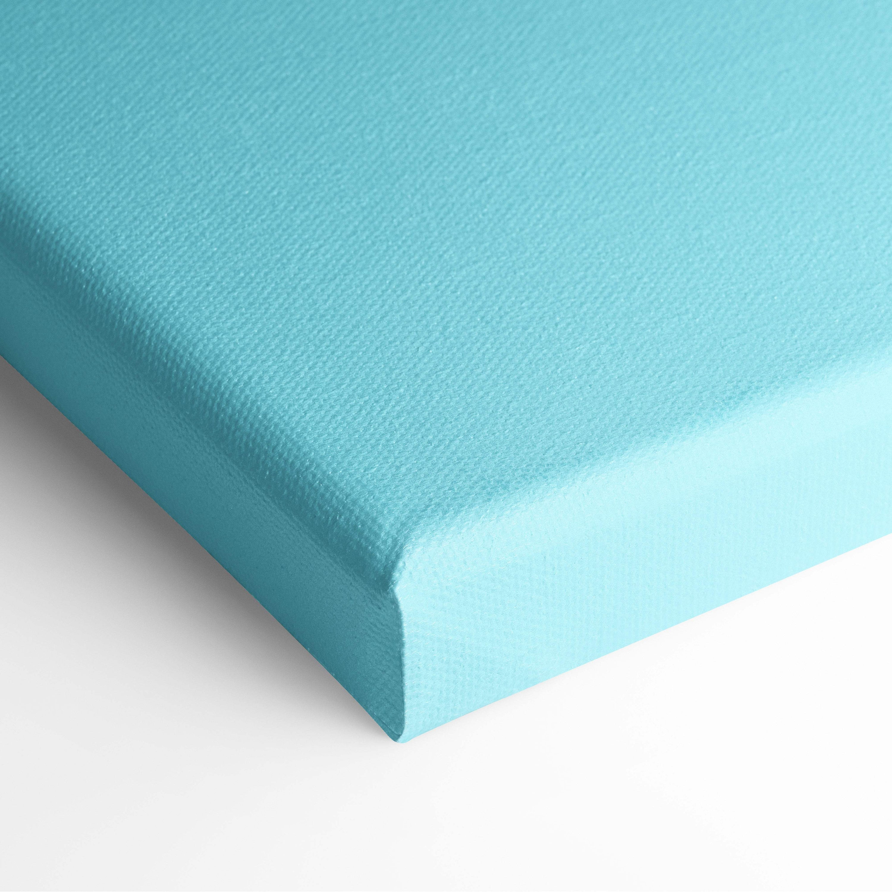 Contemporary blue hands canvas wall art with solid turquoise textured woven surface and neatly finished edges