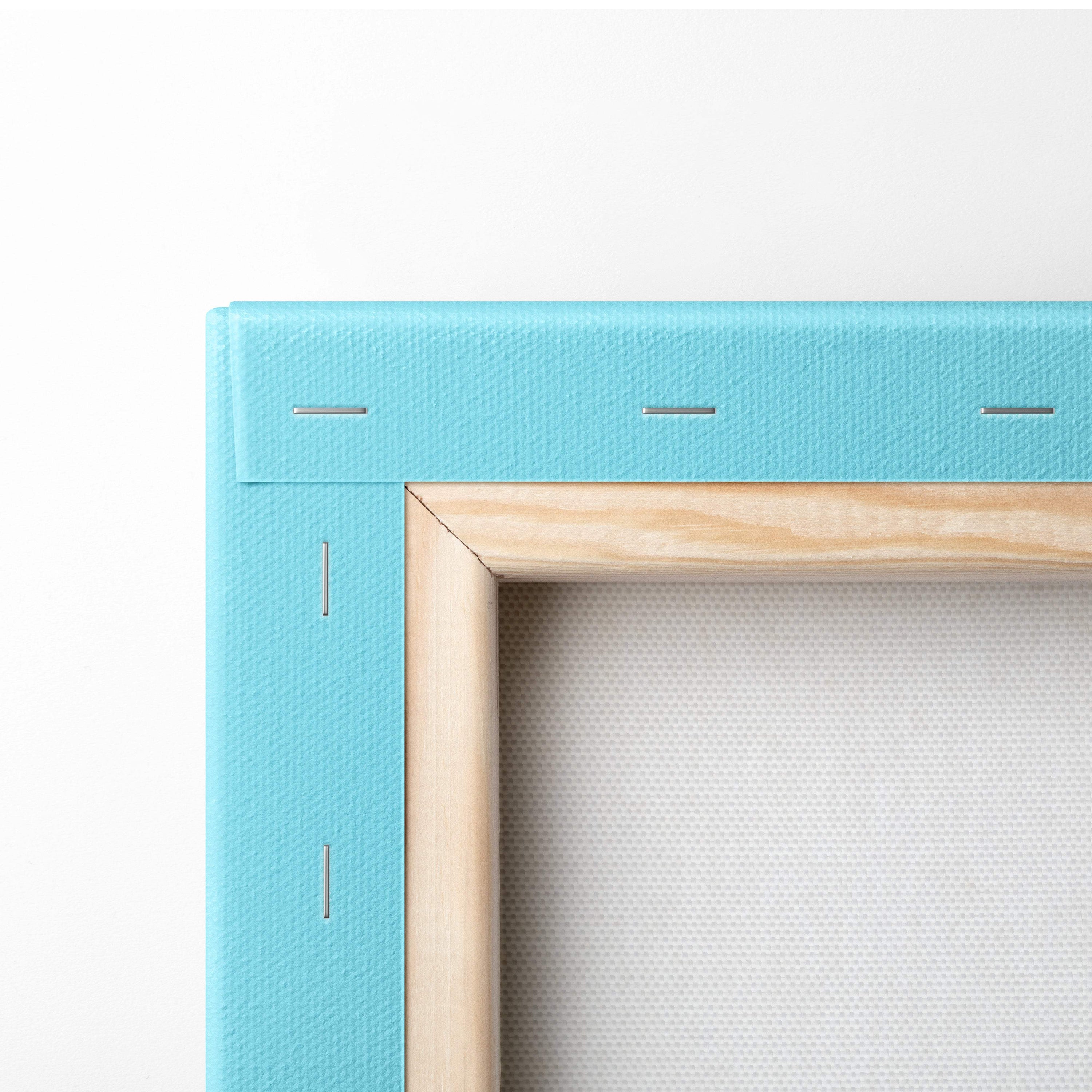 Contemporary blue hands canvas wall art with pink circle creation of adam print in turquoise canvas frame and light wood border