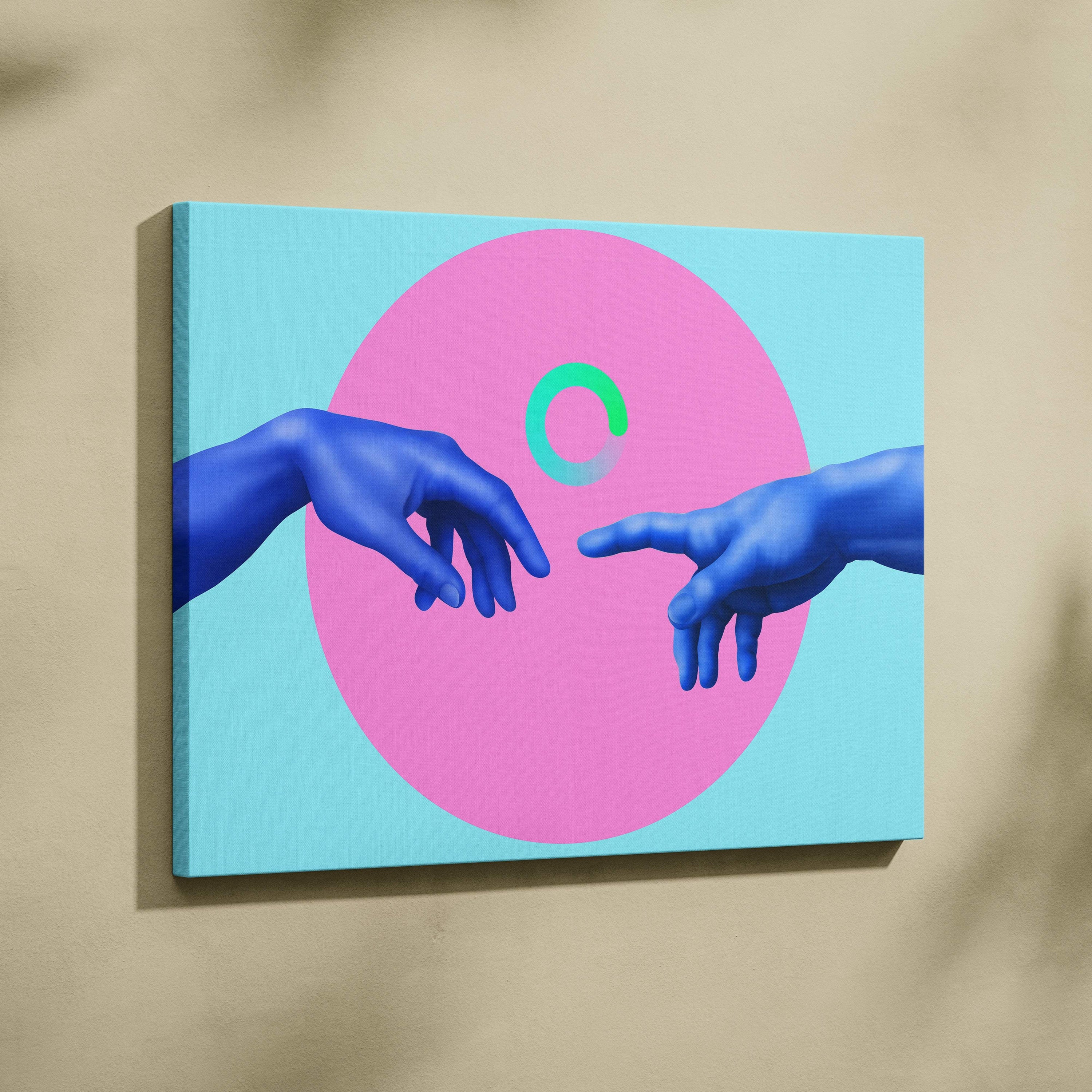 Contemporary canvas wall art featuring two blue hands reaching toward each other against a pink circle on light blue background