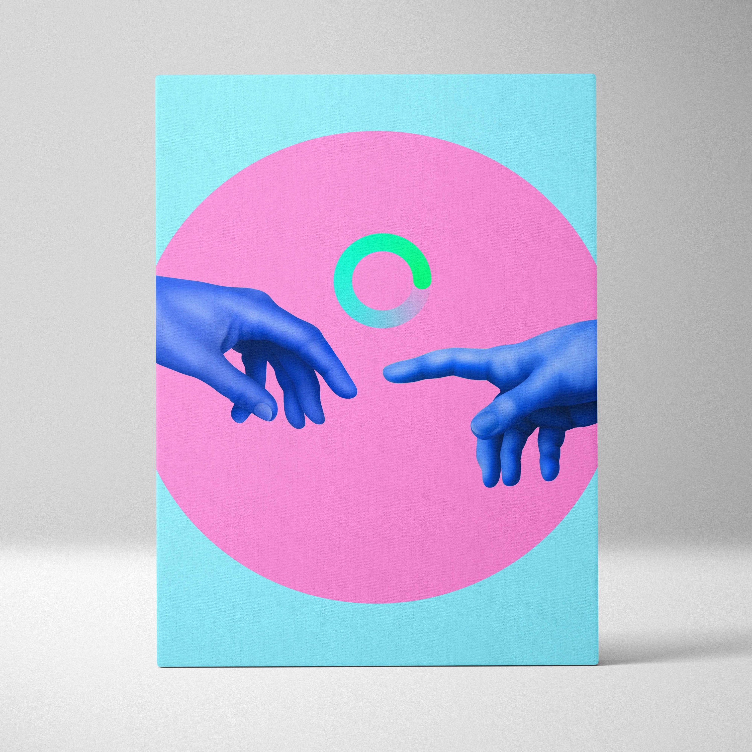 Contemporary blue hands canvas wall art with two blue hands reaching near a glowing green design on pink aqua background