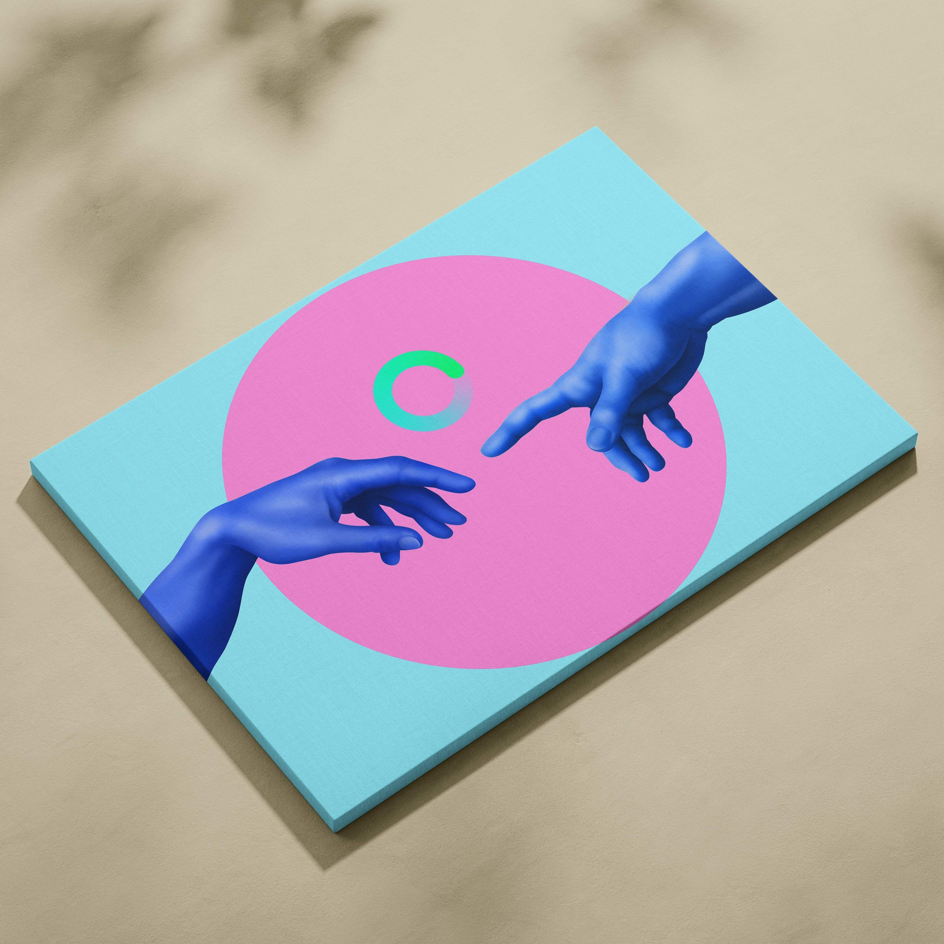 Contemporary blue hands canvas wall art with two blue hands reaching against a pink circle on light blue background