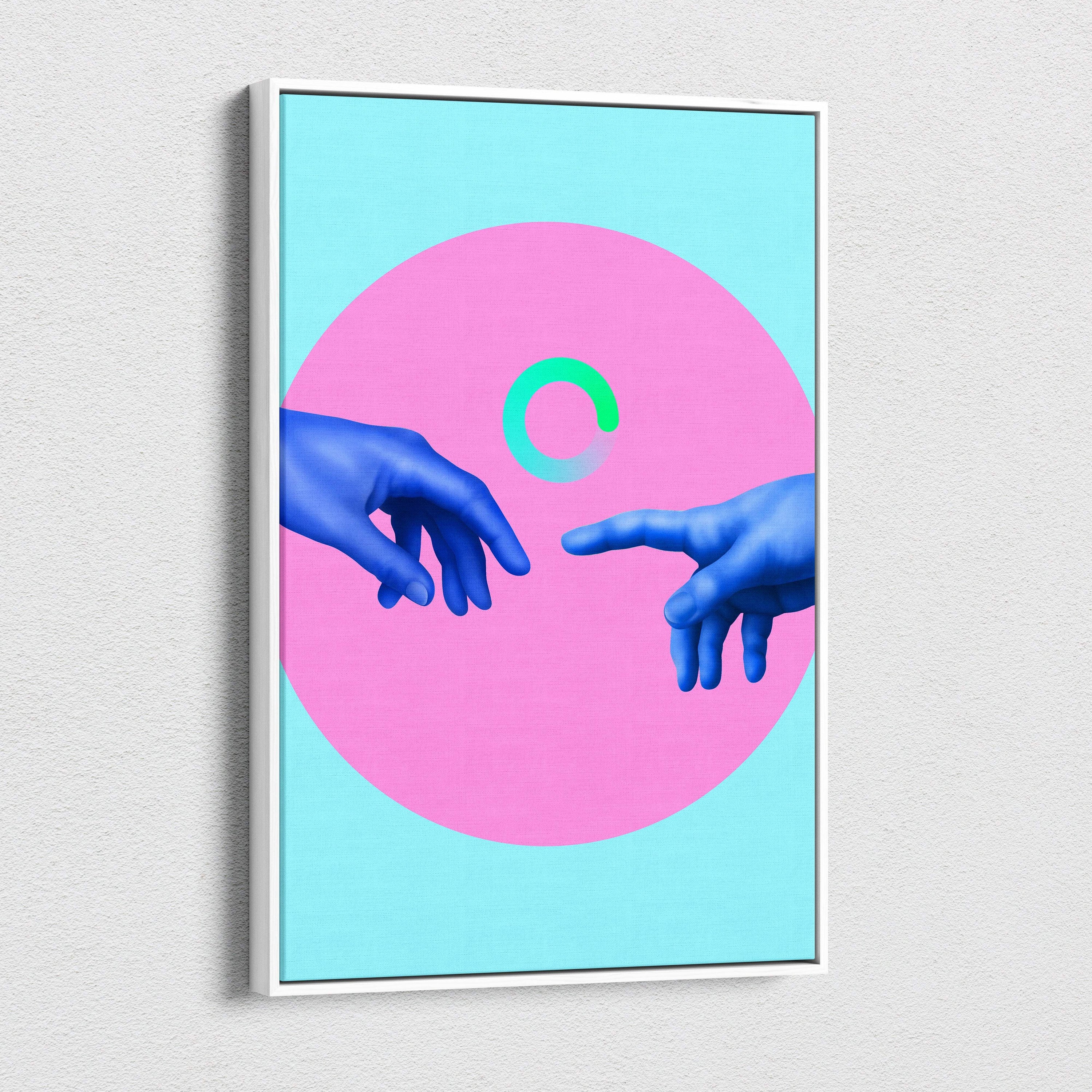 A framed canvas print of two blue hands reaching toward each other with a glowing green ring on a pink circle background