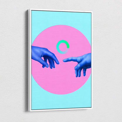 A framed canvas print of two blue hands reaching toward each other with a glowing green ring on a pink circle background