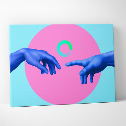 Contemporary blue hands canvas wall art with two blue hands and a glowing green ring against pink and light blue background