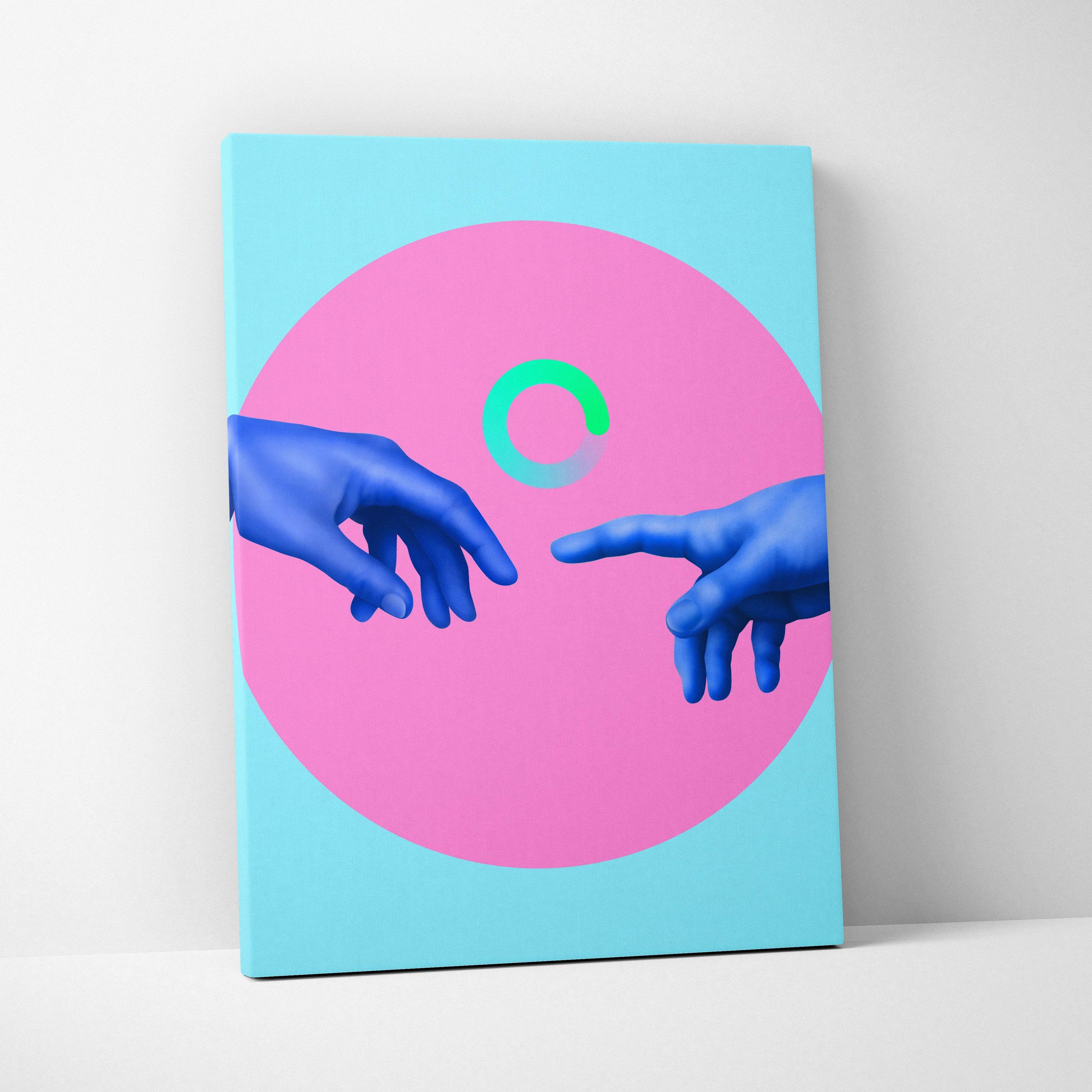 Contemporary blue hands canvas wall art with two blue hands reaching against a pink circle on light blue background