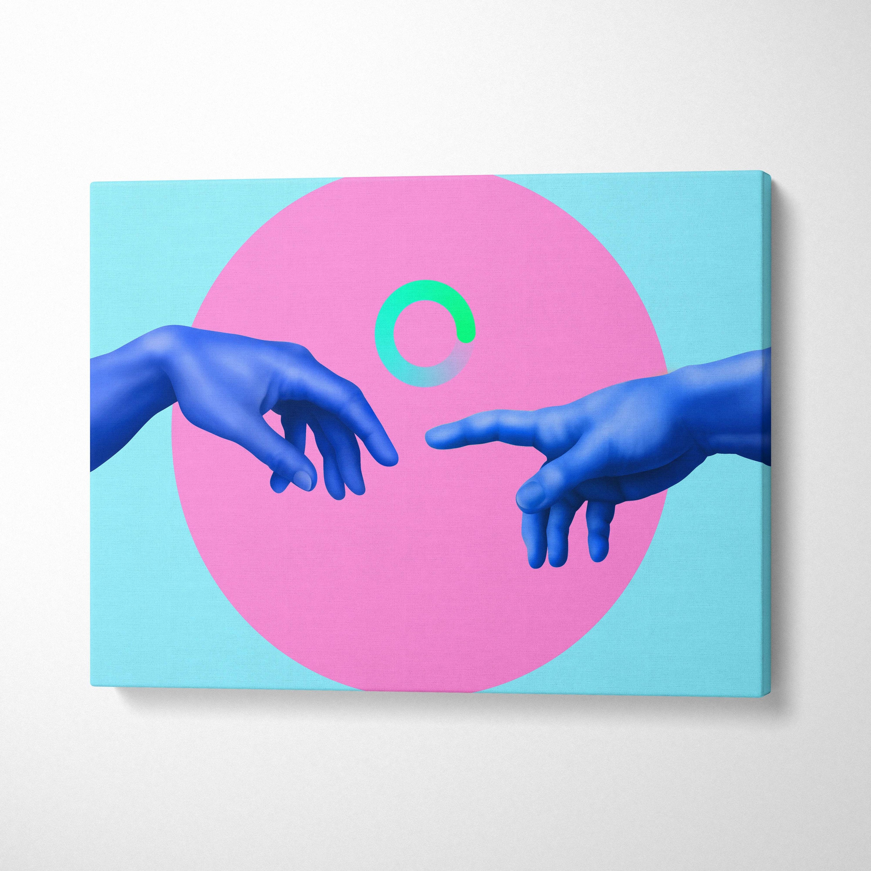 Contemporary blue hands canvas wall art with two blue hands reaching each other over a pink circle and light blue background