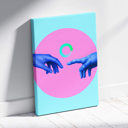 Contemporary canvas wall art with vibrant blue hands reaching within a pink circle on a light blue background