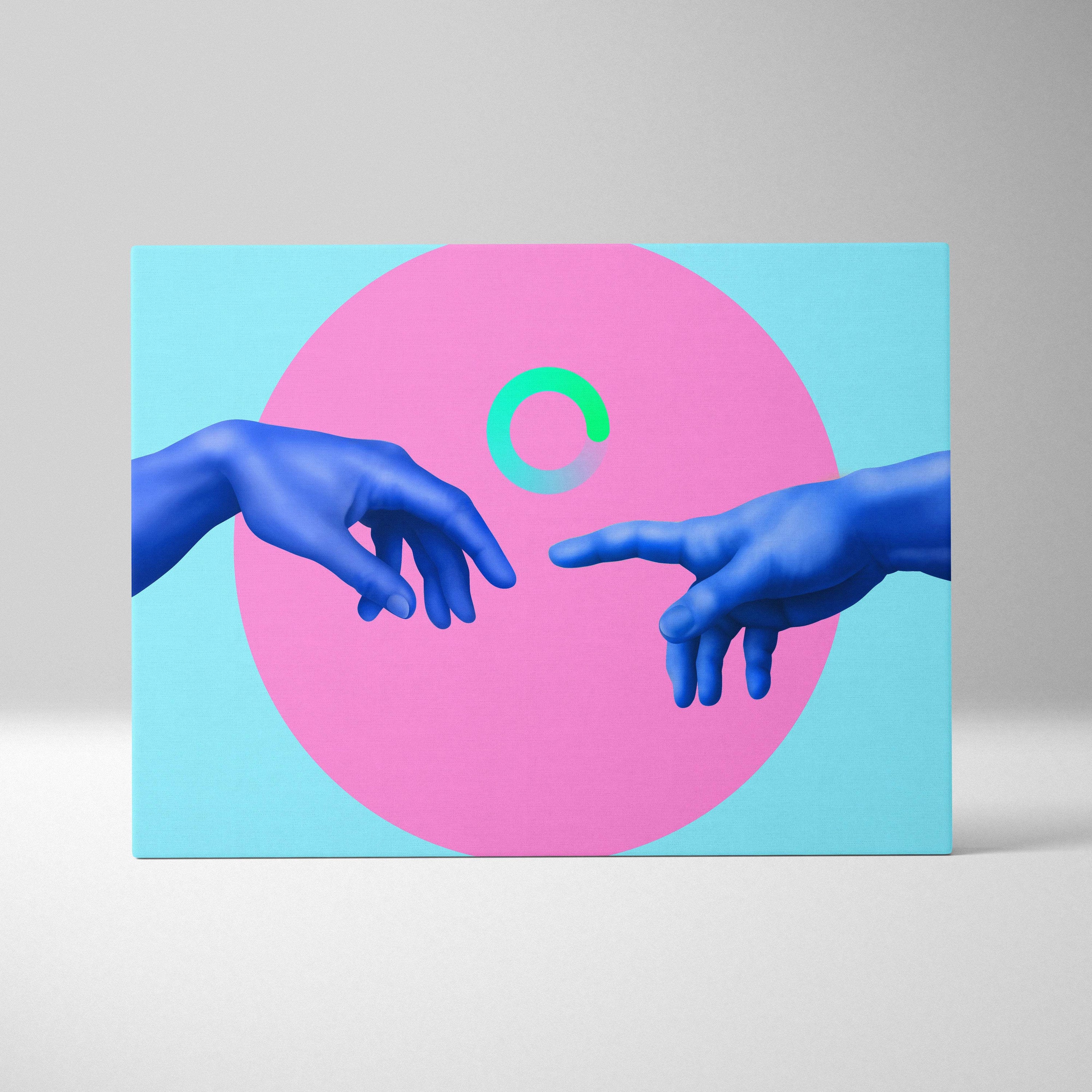 Contemporary blue hands canvas wall art with pink circle and glowing green loading icon in modern pop art style
