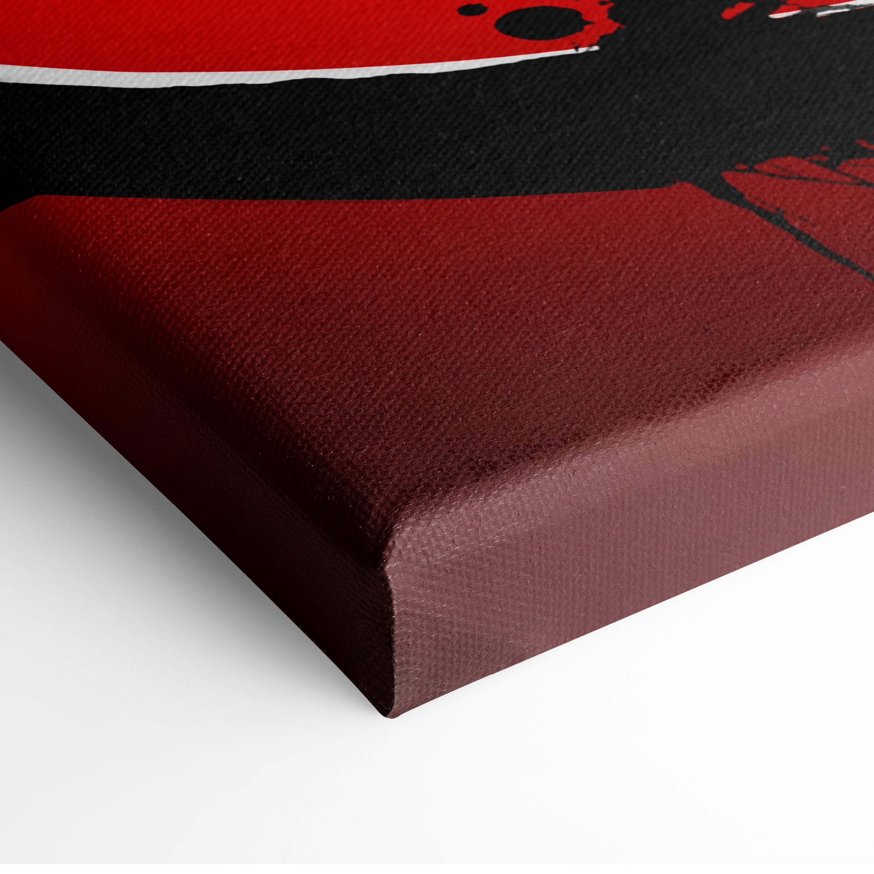 Crimson moon ninja warrior red and black silhouette canvas art with textured gallery-wrapped frame and minimalist design