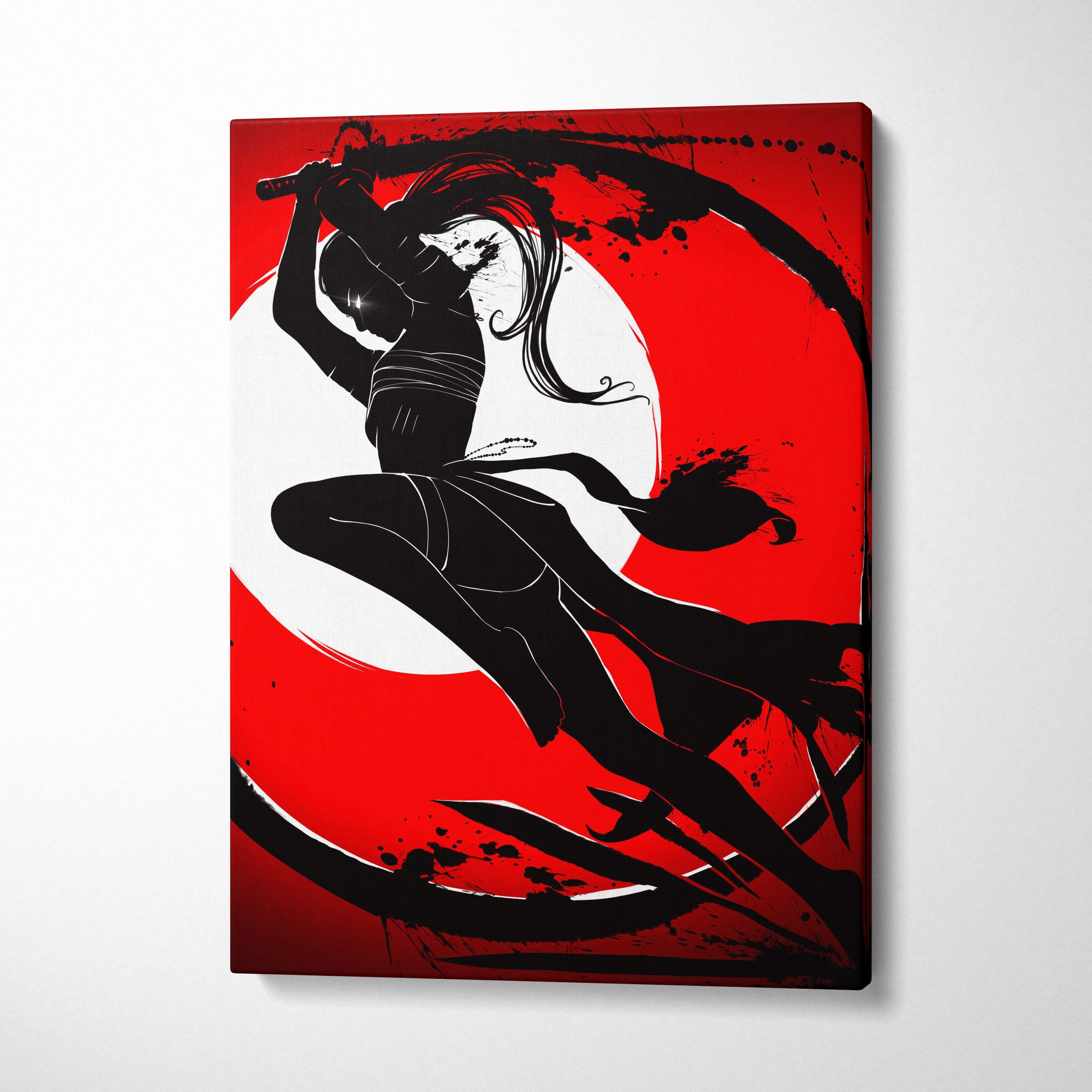 Red and black canvas print of a female samurai warrior silhouette leaping with katana on bold red background with white circles