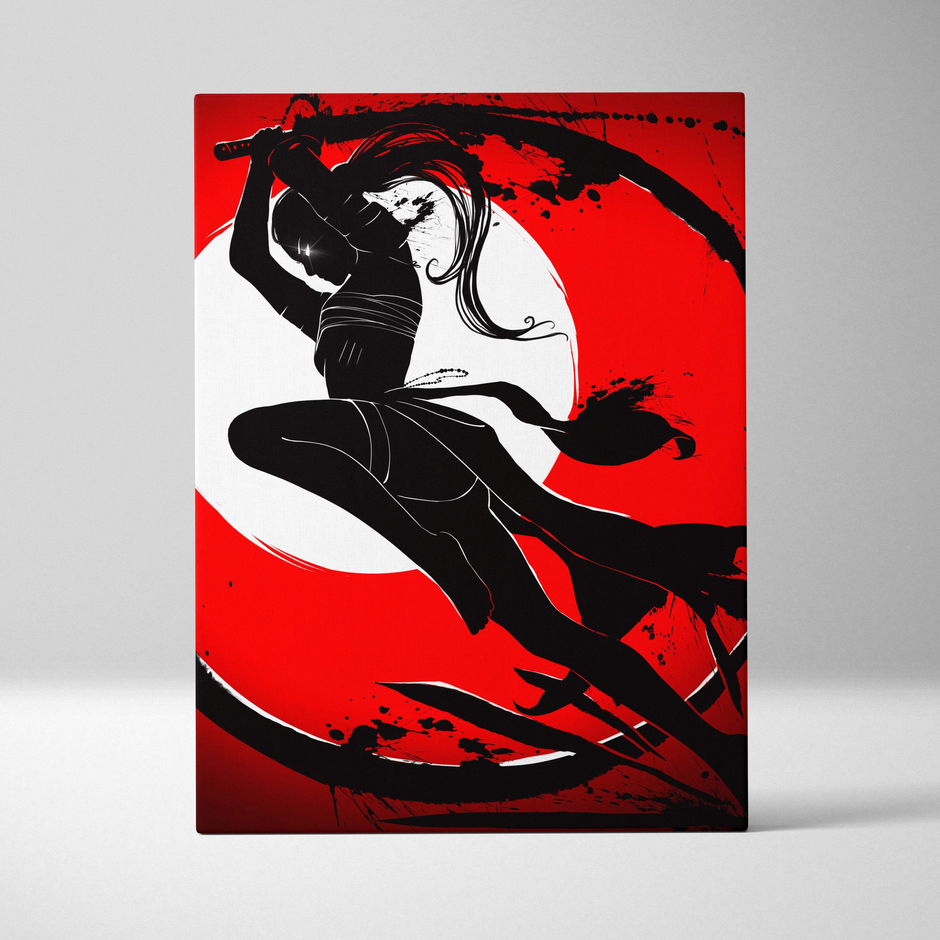 Crimson Moon ninja warrior red and black canvas art with stylized female samurai silhouette and white circular accents