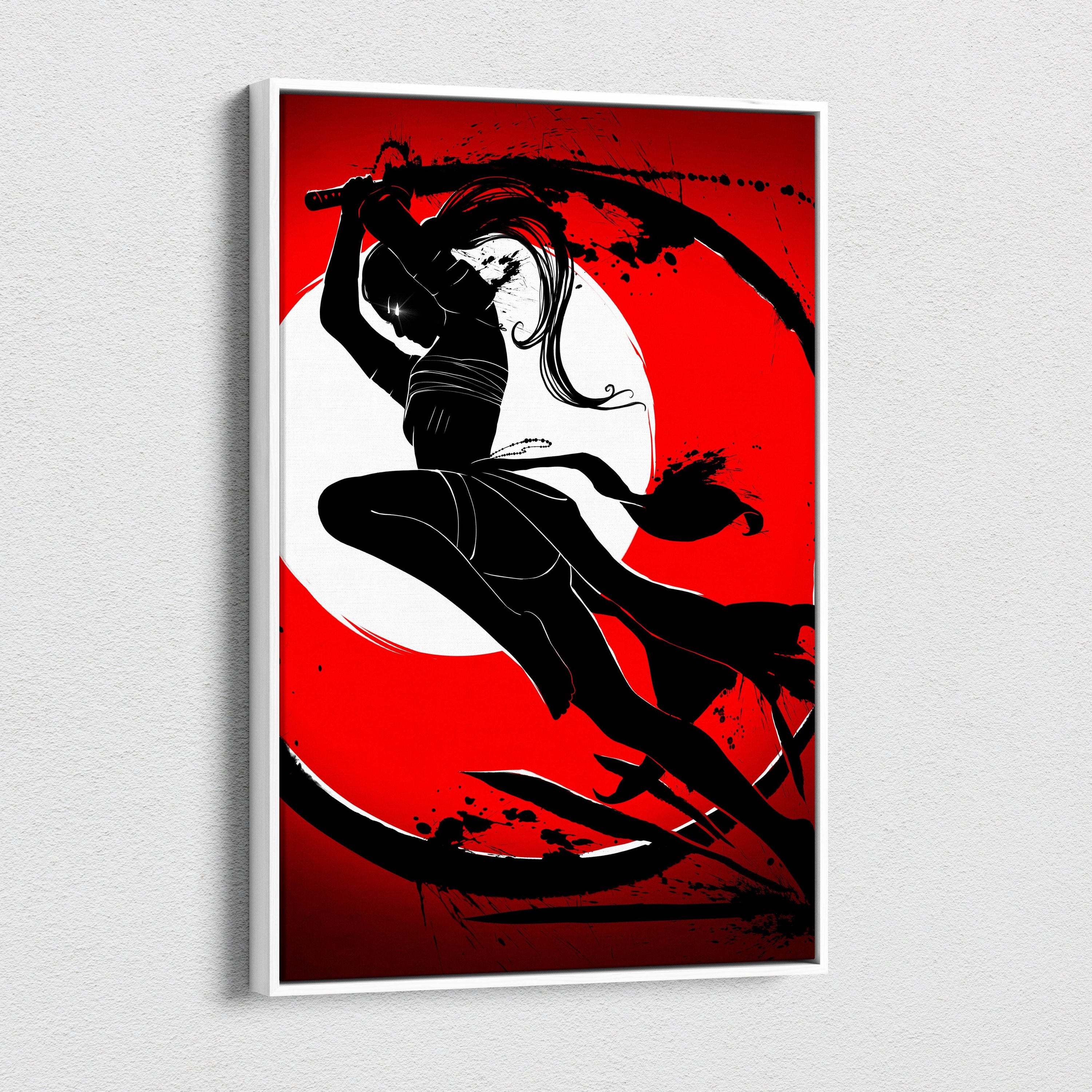 Black silhouette ninja in dynamic pose on red and white background framed in white crimson moon ninja warrior canvas art