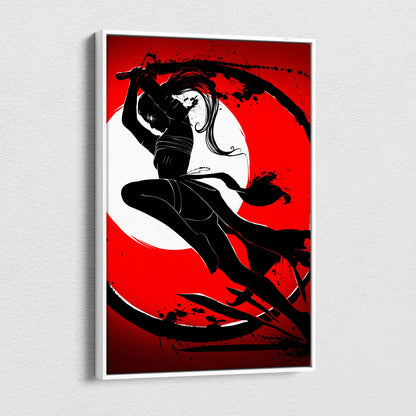 Black silhouette ninja in dynamic pose on red and white background framed in white crimson moon ninja warrior canvas art