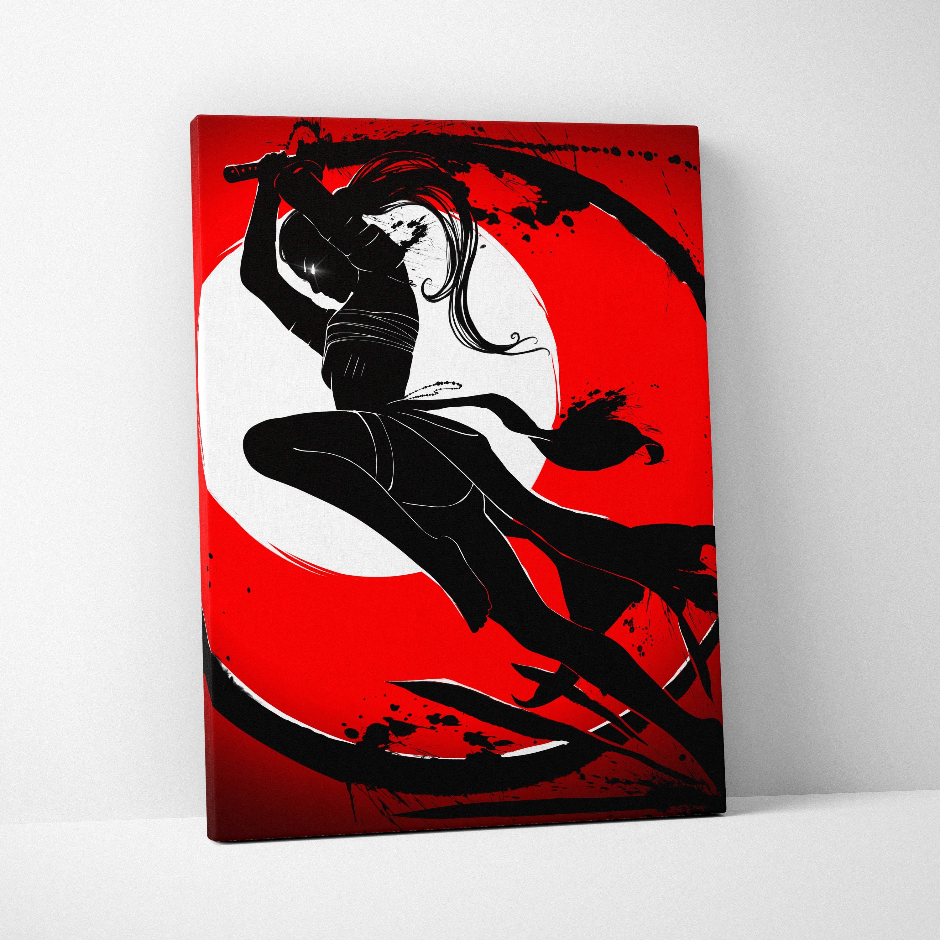 Black silhouette canvas print of a female samurai ninja in dynamic pose with katana on red background with white circle
