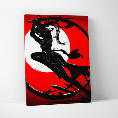 Black silhouette canvas print of a female samurai ninja in dynamic pose with katana on red background with white circle