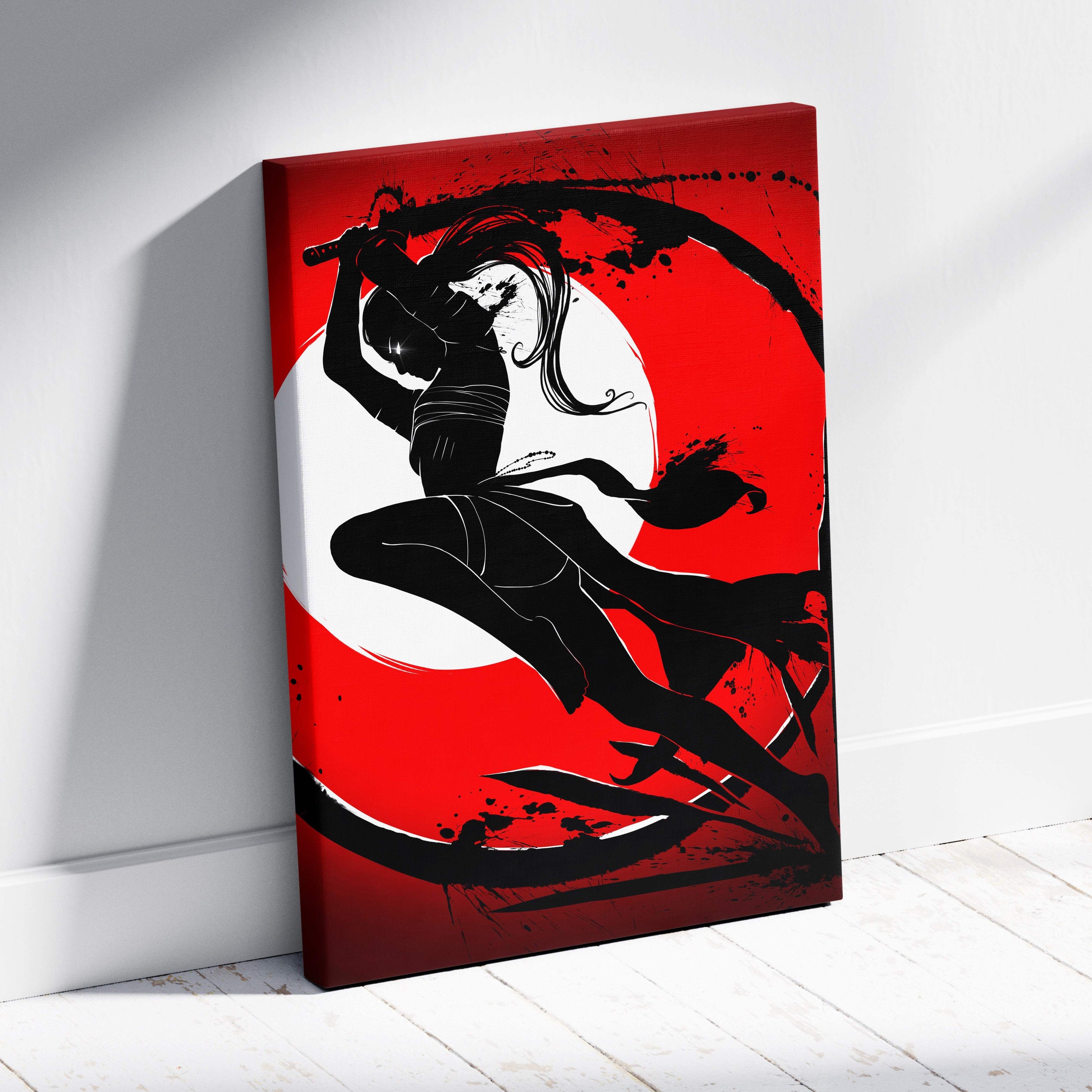 Crimson moon ninja warrior red and black canvas print featuring a female samurai silhouette in action pose with katana