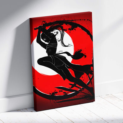 Crimson moon ninja warrior red and black canvas print featuring a female samurai silhouette in action pose with katana