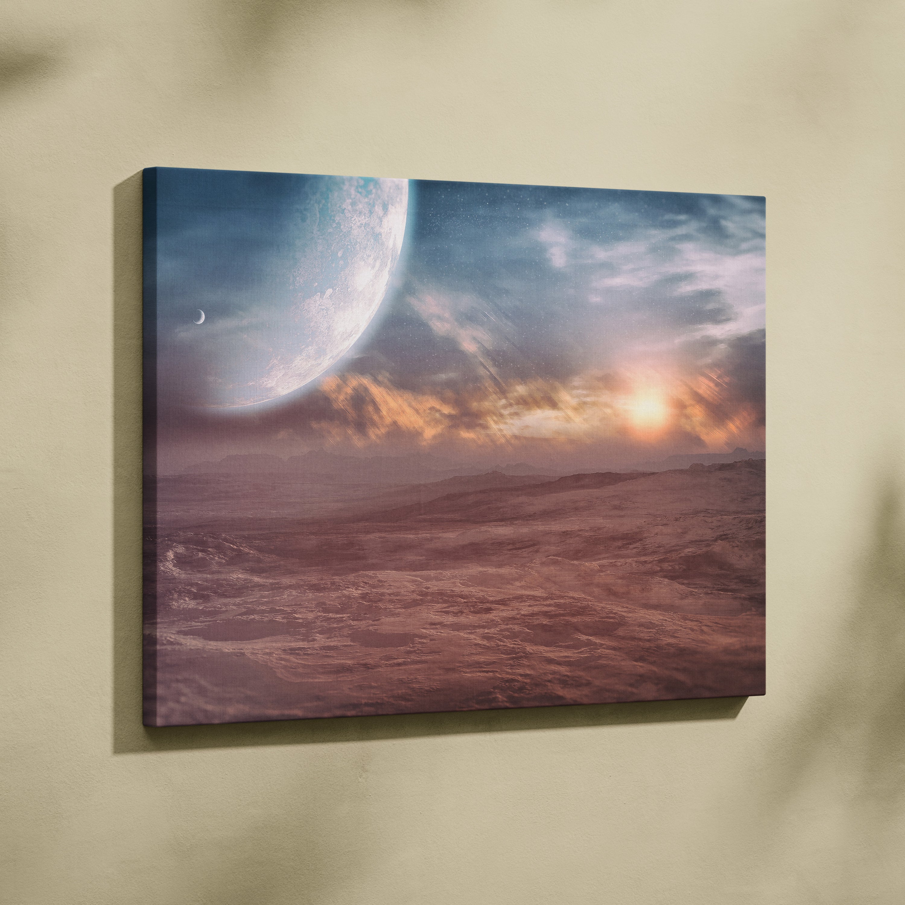 Rectangular canvas print of a surreal alien landscape with a large blue planet orange sunset clouds and distant mountains