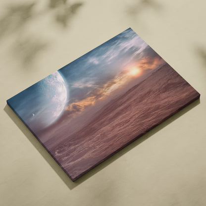 Rectangular canvas wall art print featuring a large blue planet with orange and pink clouds for space themed decor