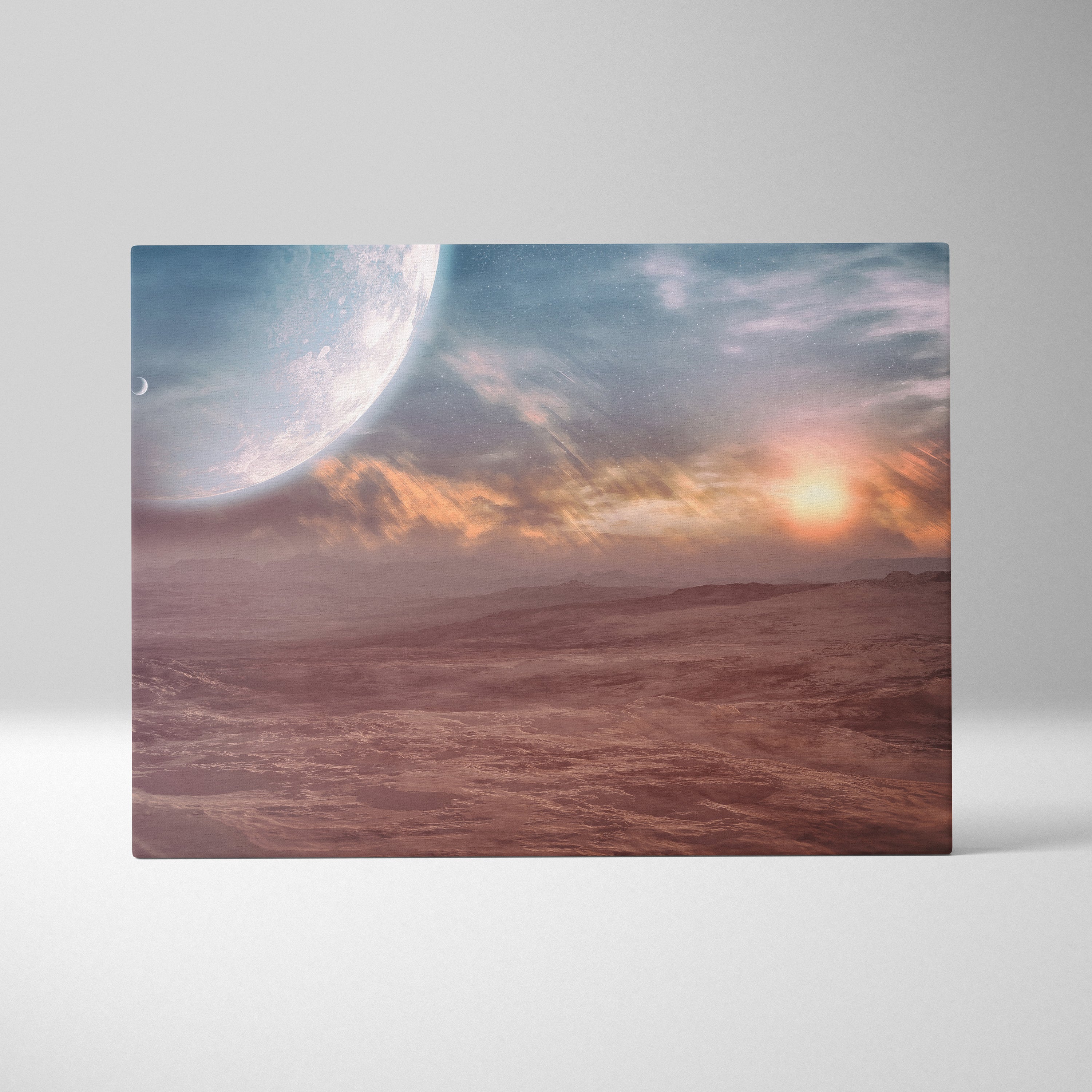 Rectangular canvas print of surreal alien landscape with pale blue moon orange sun setting over reddish terrain