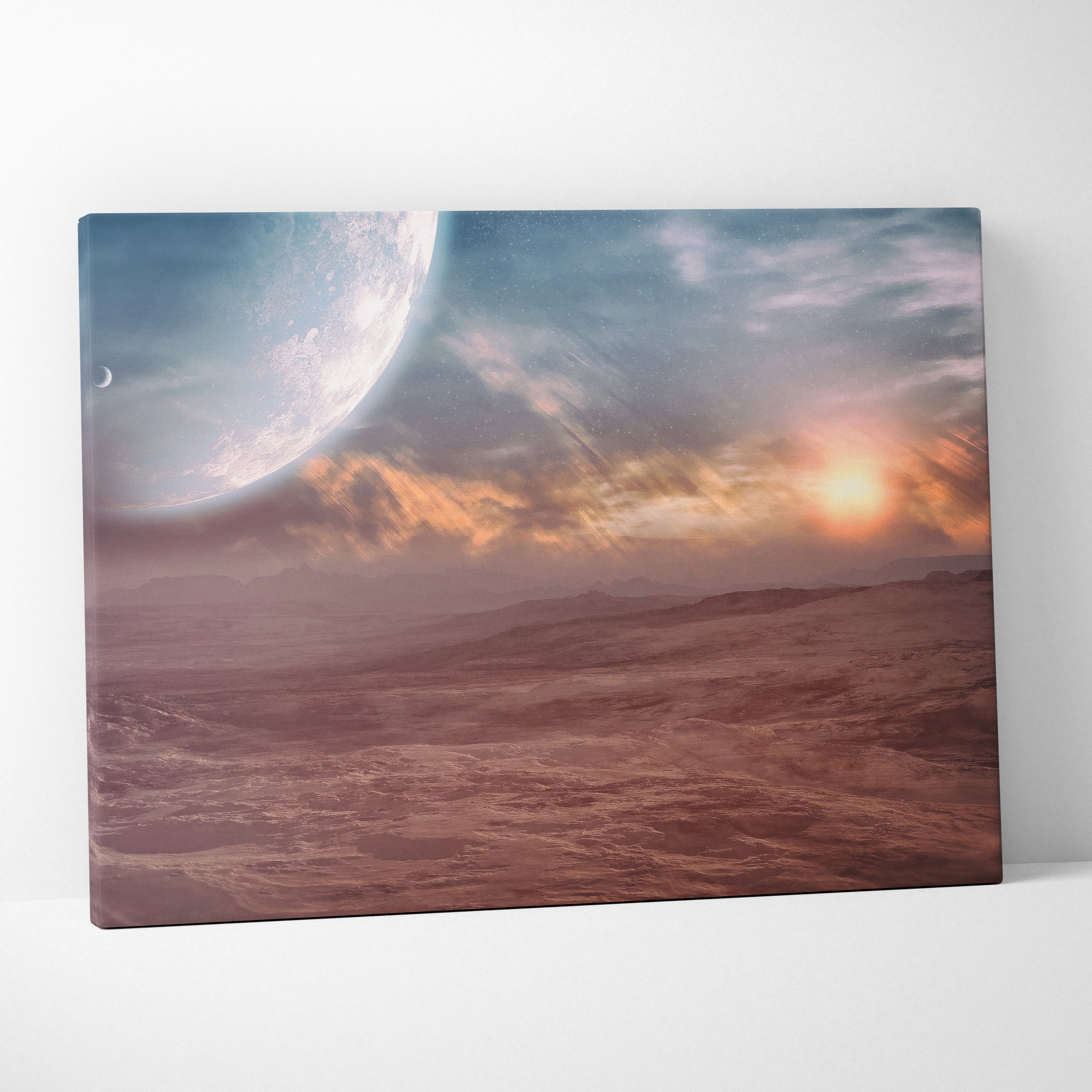 Rectangular canvas print of a surreal alien landscape with a pale blue moon and orange sun over red terrain for space decor