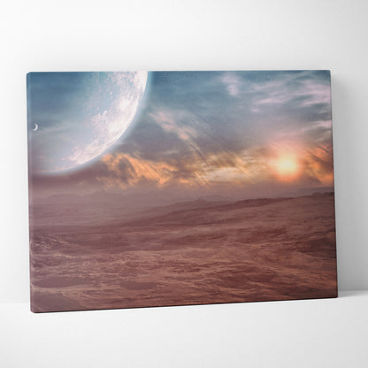 Rectangular canvas print of a surreal alien landscape with a pale blue moon and orange sun over red terrain for space decor