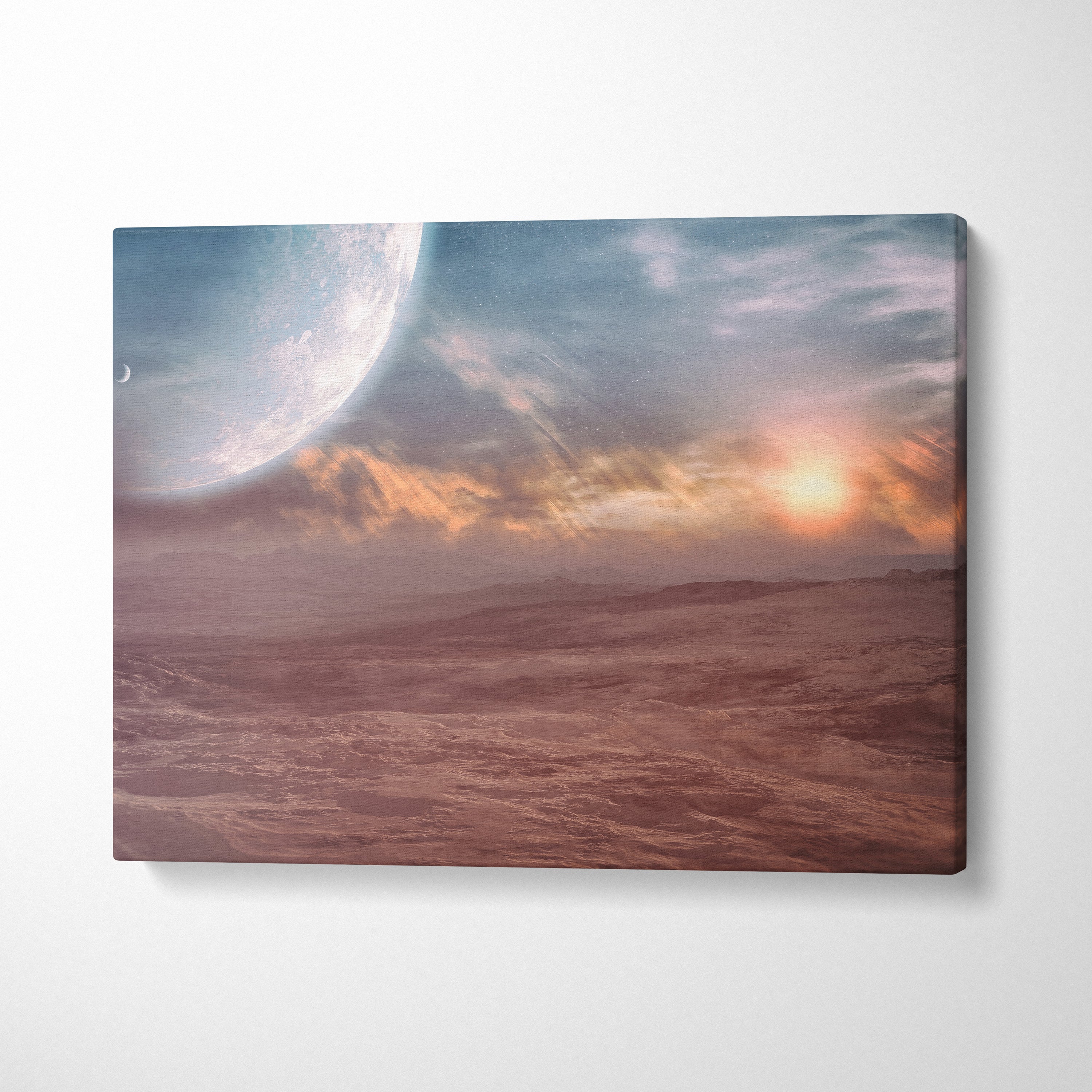 Rectangular canvas print of a surreal alien landscape with a large blue planet and orange sun over reddish terrain