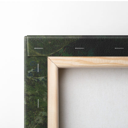 A framed motivational river canvas wall art with dark green textured stitching in a light wood frame for nature decor