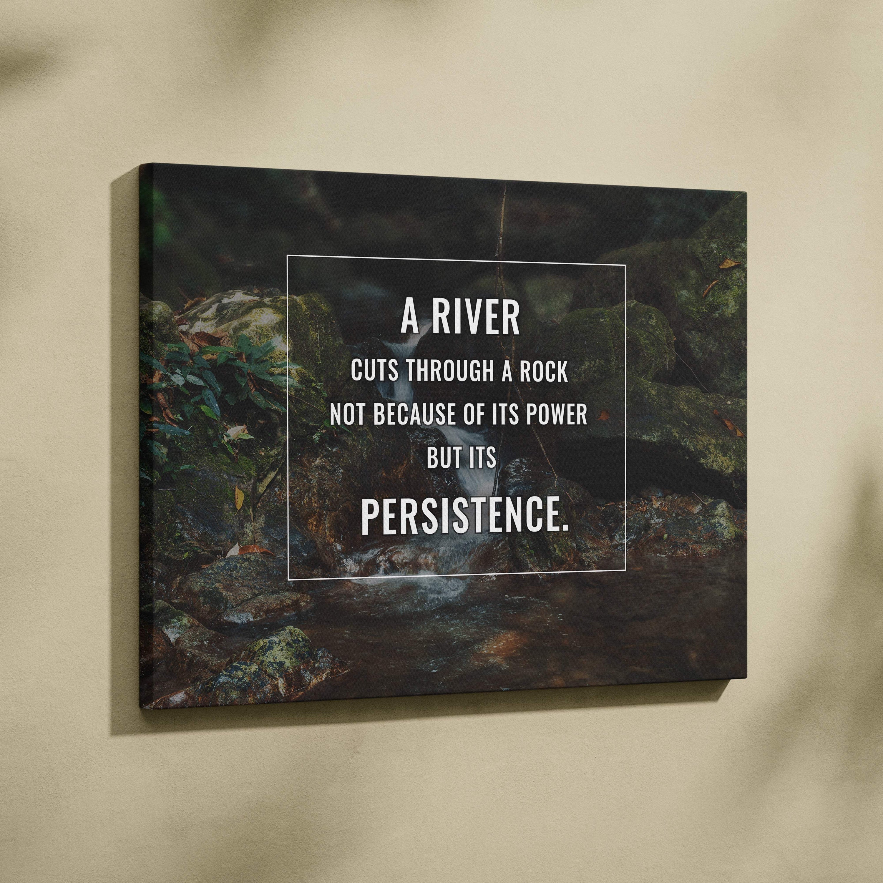 Black canvas print featuring a dark green mossy stream with a persistence quote in white for inspirational wall decor