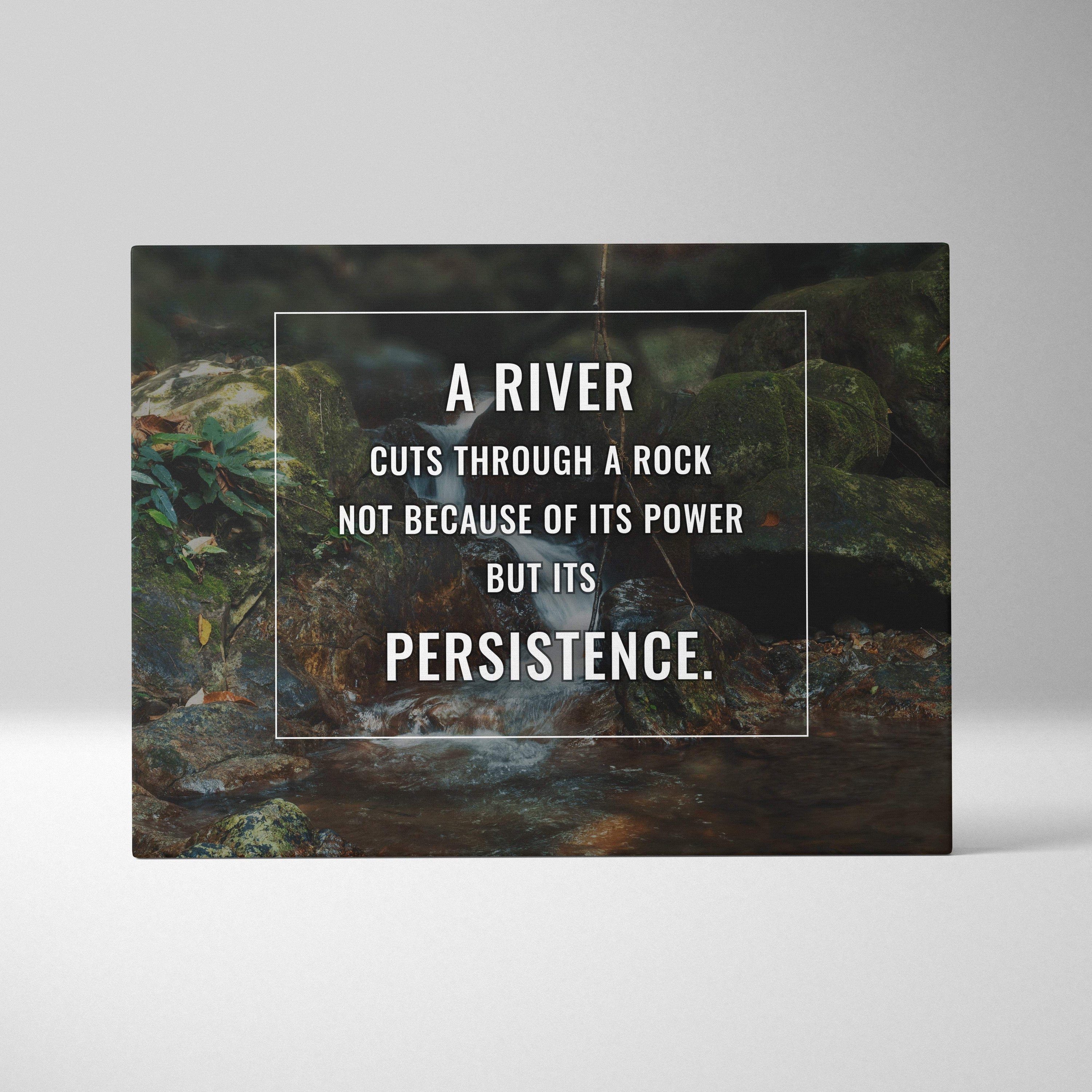 Motivational river canvas wall art with dark green nature stream photography and persistence quote print for woodland decor