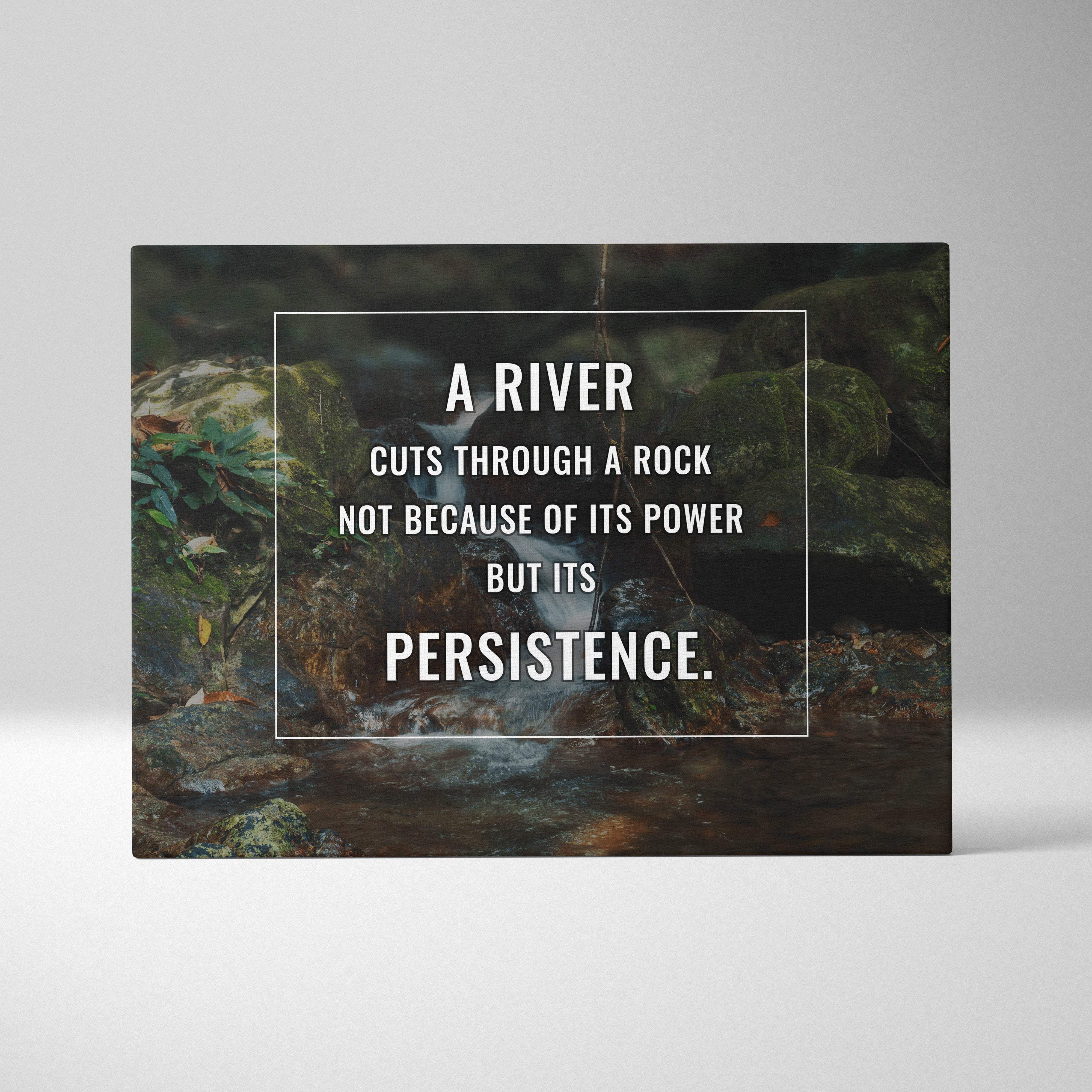 Motivational river canvas wall art with dark green nature stream photography and persistence quote print for woodland decor