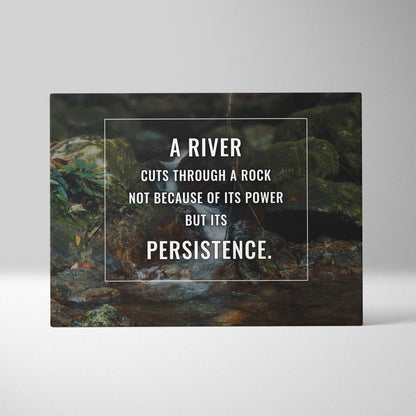 Motivational river canvas wall art with dark green nature stream photography and persistence quote print for woodland decor