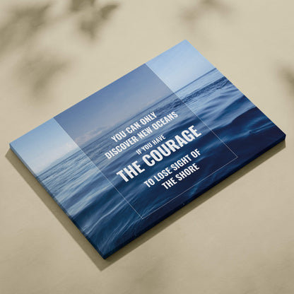 Blue ocean-themed canvas wall art with white motivational quote featuring coastal seascape photography decor