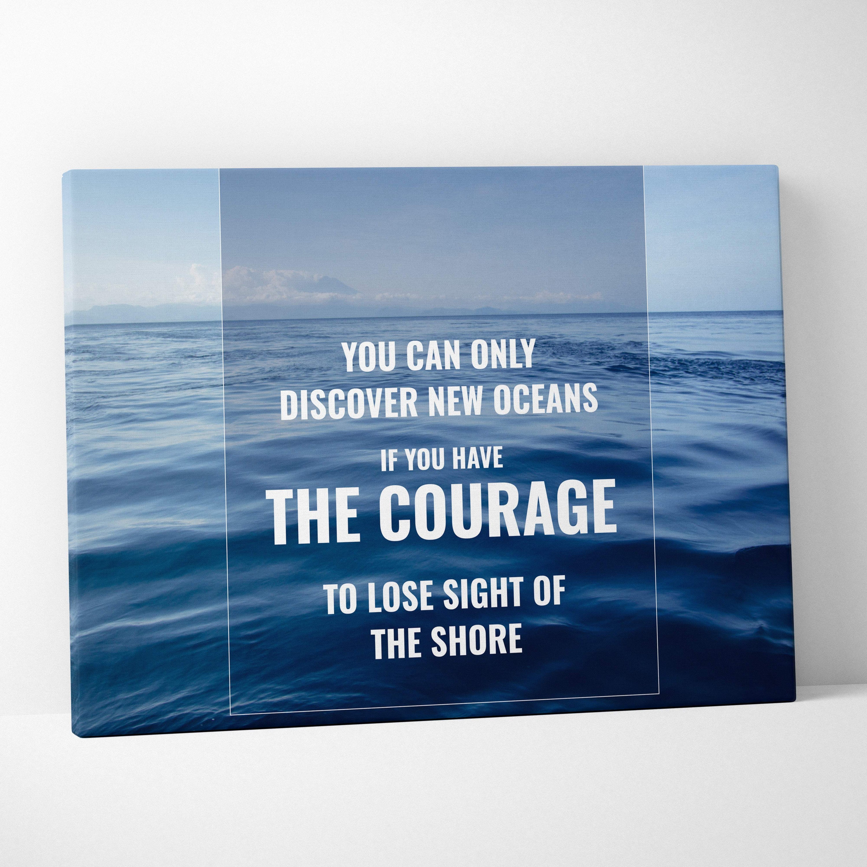 Motivational ocean canvas wall art with white inspirational text on blue coastal seascape for nautical decor