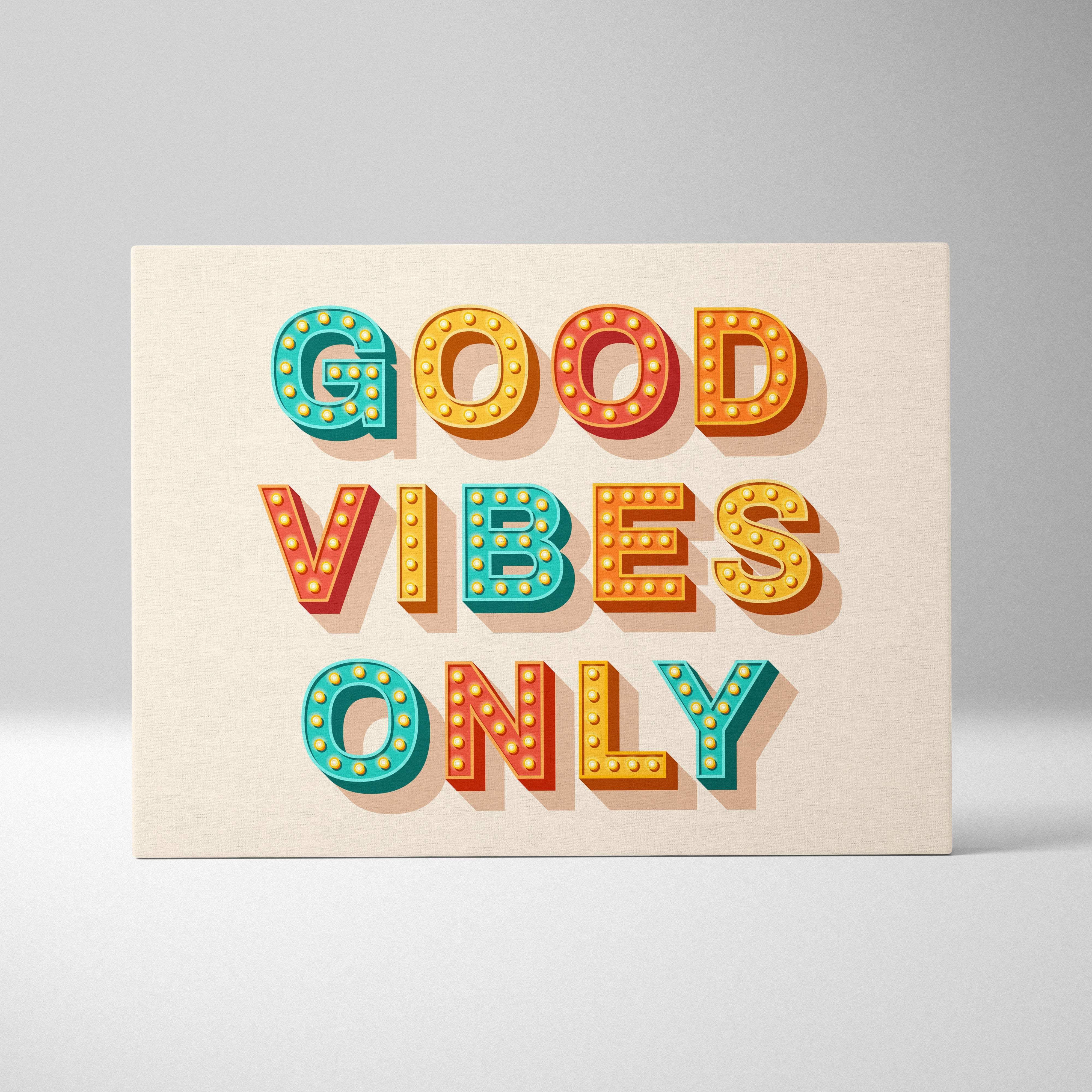 Colorful three-dimensional good vibes only canvas wall art with teal and orange retro typography and light bulb details