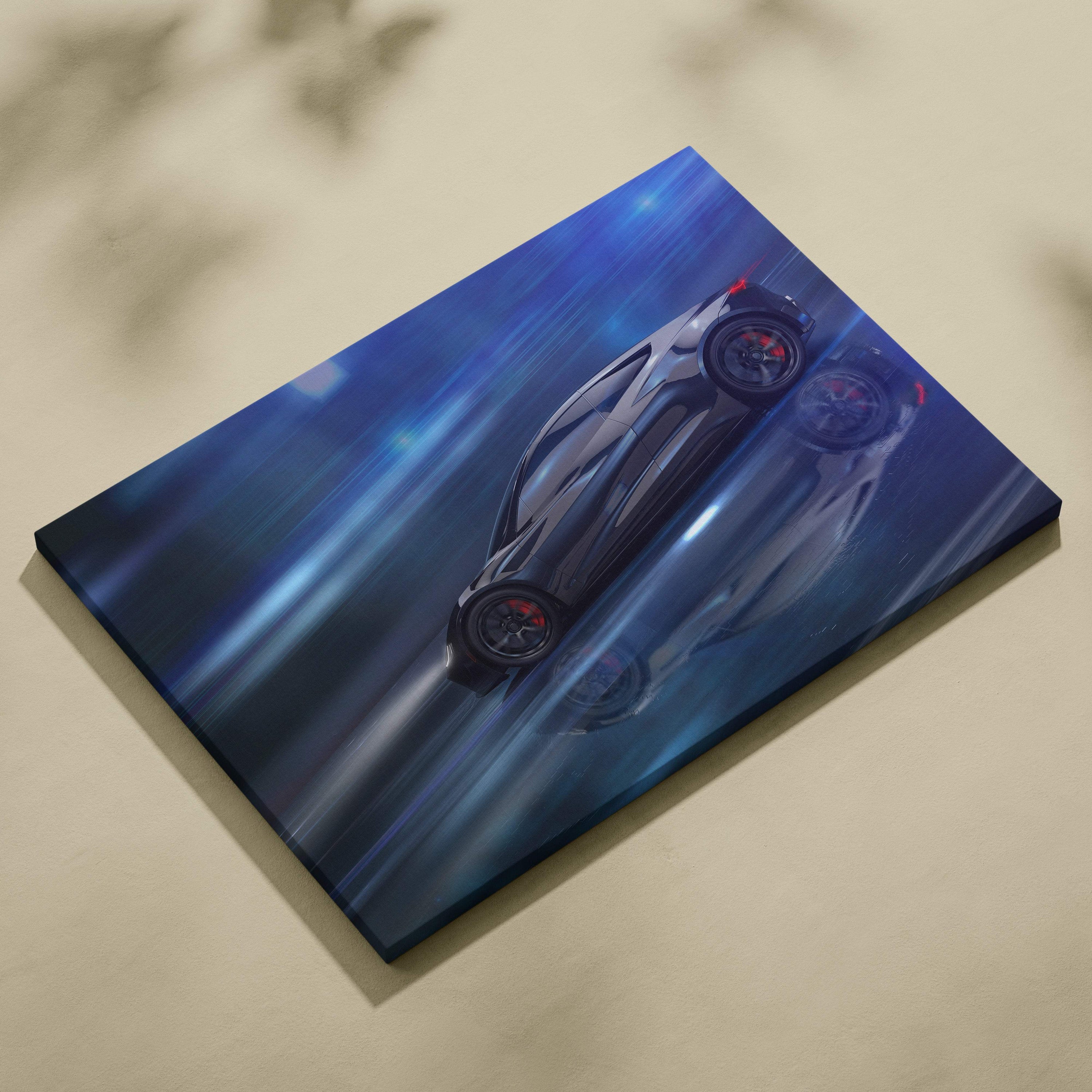Blue canvas print featuring a sleek black sports car with red brake calipers speeding in motion blur for modern decor