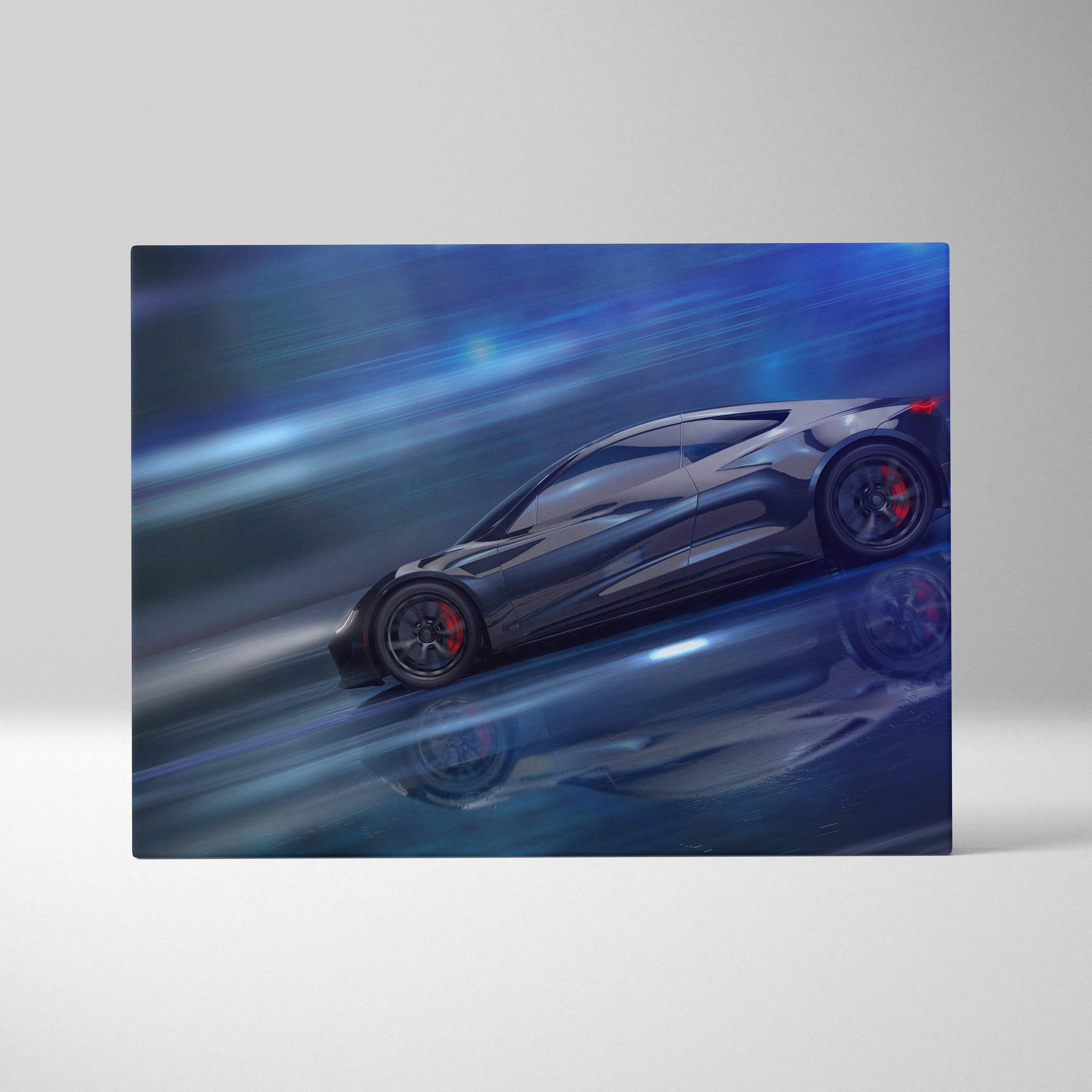 Black matte finish sports car canvas wall art print with red brake calipers and blue motion blur background