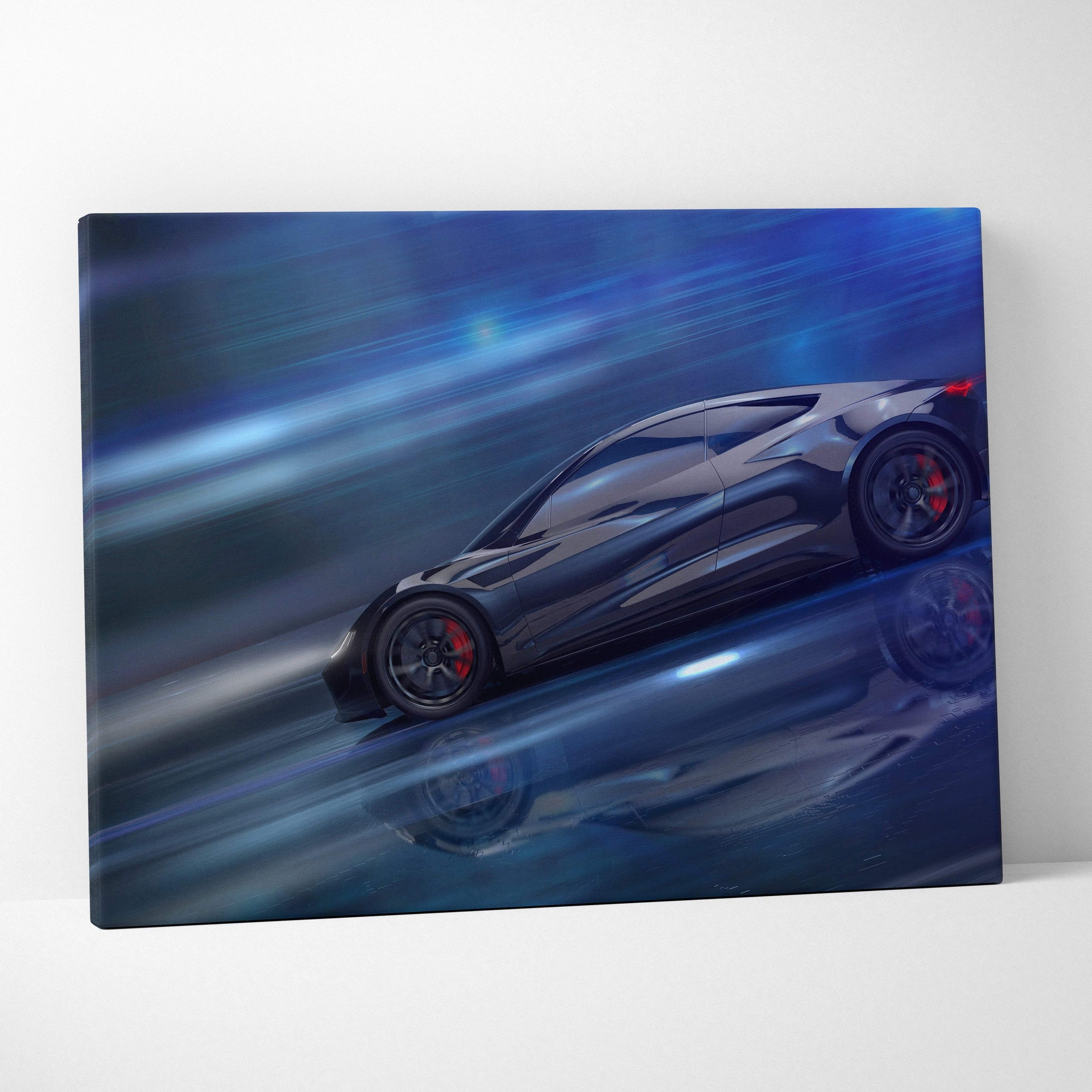 A sleek black tesla roadster sports car in motion with blue speed lines on a canvas for modern garage decor