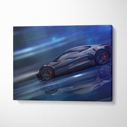 Black matte-finish sports car canvas wall art with red brake calipers and blue motion blur for modern interiors