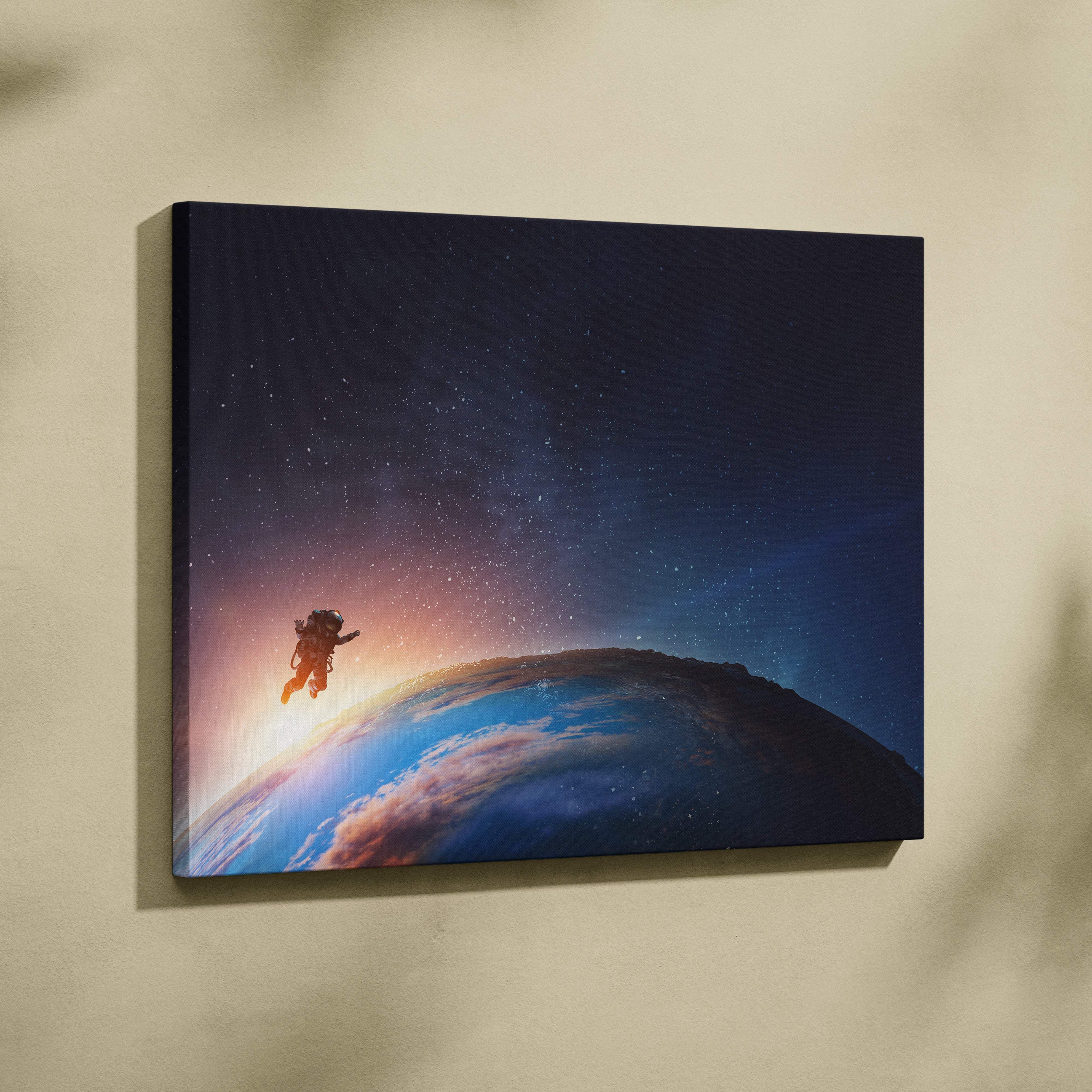 Rectangular canvas print of a lone astronaut floating above earth with blue starry space sunrise decor for bedroom or office